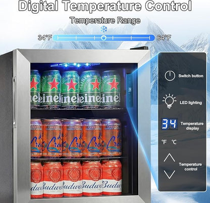 FoMup Mini Fridge 50 Can, Small Beverage Refrigerator with Reversible Glass Door, Countertop Drink Cooler with Temperature Control, Compact Beer Soda Fridge for Office Dorm Kitchen, Stainless Steel