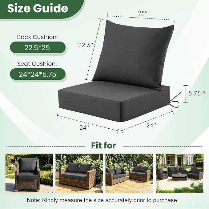 Patio Cushions for Outdoor Furniture, 24x24 Outdoor Couch Cushions, Waterproof & Fade-Resistant Patio Chair Cushions with Removable Cover, Replacement Outdoor Deep Seat Cushion, Dark Grey (Set of 1)