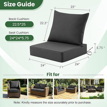 Patio Cushions for Outdoor Furniture, 24x24 Outdoor Couch Cushions, Waterproof & Fade-Resistant Patio Chair Cushions with Removable Cover, Replacement Outdoor Deep Seat Cushion, Dark Grey (Set of 1)