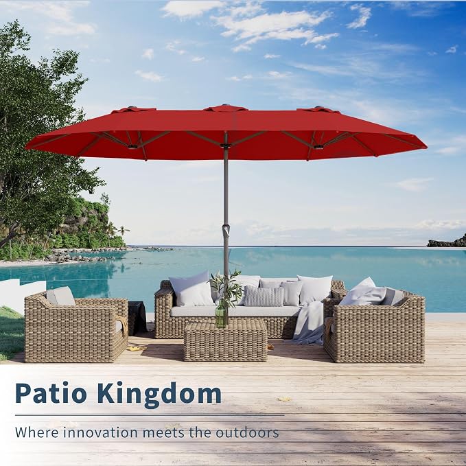PatioKingdom 15FT Large Patio Umbrella with Base, Double Sided Rectangular Outdoor Umbrella with Sturdy Fiberglass Ribs, Market Umbrella for Pool,Garden,Backyard,Deck (Red, 15FT)