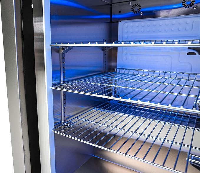 Mont Alpi Premium 27"H x 18.5"D x 17.5"D Stainless Steel All Weather Outdoor Refrigerator 2.7 cu. ft. Glass Door Fridge with Temperature Control + Lockable Door + Adjustable Shelves + Blue Lighting