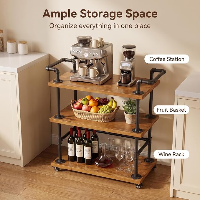 Industrial Pipe Bar Carts, Solid Wood Serving Carts, Rolling Kitchen Carts | Heavy Duty Wine Rack Carts on Wheels with Shelves and Handles, Tea Liquor Shelves/Holder, Bar Furniture for Home