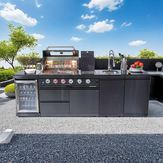 104" Modular Outdoor Kitchen Island With Grill And Side Burner, 4-burner 72,000 Btu Propane Bbq Island, Refrigerator, Separate Sink & Prep Station, For LP-Black 72000BTU/104 Inch