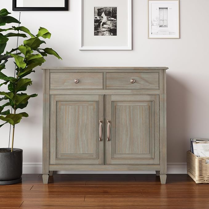 SIMPLIHOME Connaught 40" Wide Solid Wood Cabinet in Distressed Grey | Traditional slim entryway and living room organizer for hats, gloves, shoes and keys with space-saving storage design.