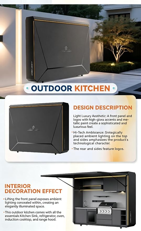 Luxury Prefab Outdoor Kitchen Kits with Roof, Modular Outdoor Kitchen Pod with Grill, Sink, Storage Cabinet, Burners, Refrigerator, Patio and Backyard Cooking Station
