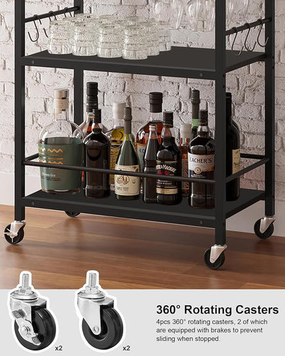 TUTOTAK Bar Cart with Wheels, Drink Cart with Wine Rack and Glass Holder | 3-Tier 17 Inch Wide Home Bar Serving Carts, Small Mobile Kitchen Shelf with 6 Hooks, Black BC01BK032