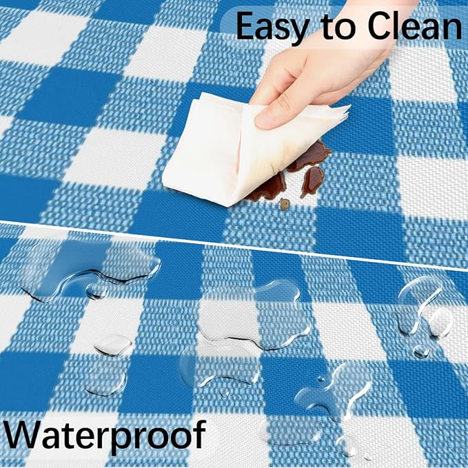 Fitted Round Tablecloth with Umbrella Hole and Zipper Buffalo Plaid Outdoor Elastic Table Cloth 36"-44" Oil-Proof Waterproof Moroccan Patio Table Cover for Dining Picnic Party, Blue and White