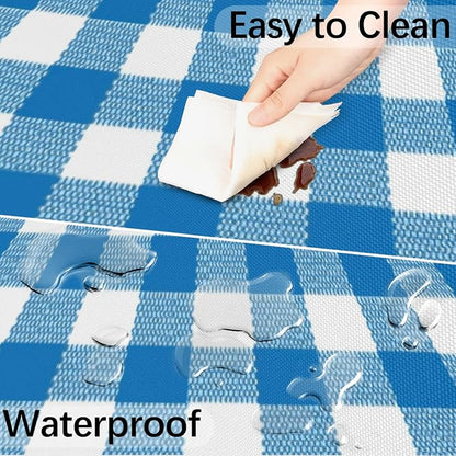Fitted Round Tablecloth with Umbrella Hole and Zipper Buffalo Plaid Outdoor Elastic Table Cloth 36"-44" Oil-Proof Waterproof Moroccan Patio Table Cover for Dining Picnic Party, Blue and White
