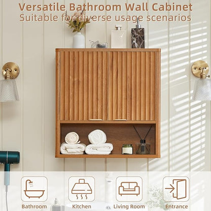 LEYAOYAO Fluted Bathroom Wall Cabinet, Wall-Mounted Medicine Cabinet with Adjustable Shelf and 2 Doors, Tea Brown Farmhouse Over the Toilet Storage Cabinets for Laundry Room, Kitchen, Living Room
