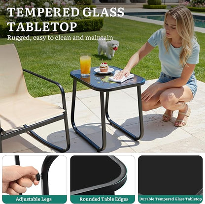 DWVO 3 Piece Rocking Patio Furniture Set Textilene Patio Set Outdoors Brown | Heavy-duty Small Patio Furniture Set w/Breathable Fabric, Smooth Rocking, Tempered Glass Table, Easy Assembly and Cleaning