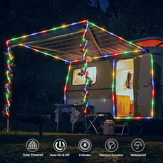 Jnaurb Solar Rope Lights, 66ft 200LED Solar String Lights, 8 Modes Waterproof Solar Outdoor Light, Flexible Clear Trampoline Light for Garden Backyard Patio Deck Porch Pool Tree Decor - Multicolor