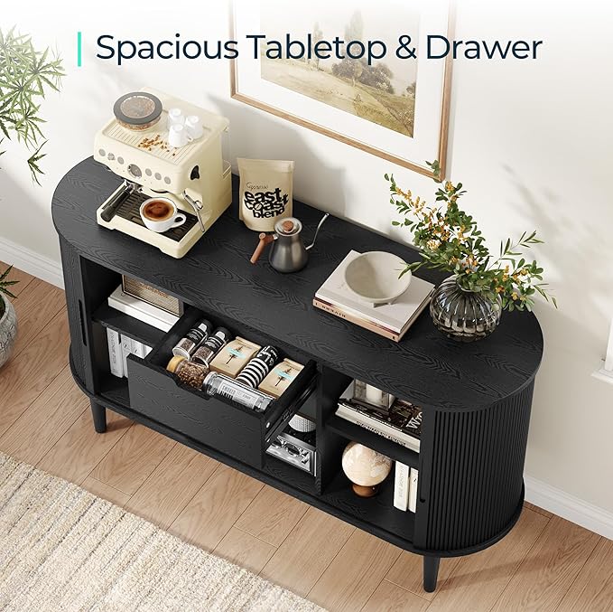 LINSY HOME 55" Sideboard Buffet Cabinet,Tambour Sliding Doors & Drawer | Black Fluted Coffee Bar Cabinet with Large Storage, Mid Century Modern Wood Storage Buffet Table for Kitchen, Living Room