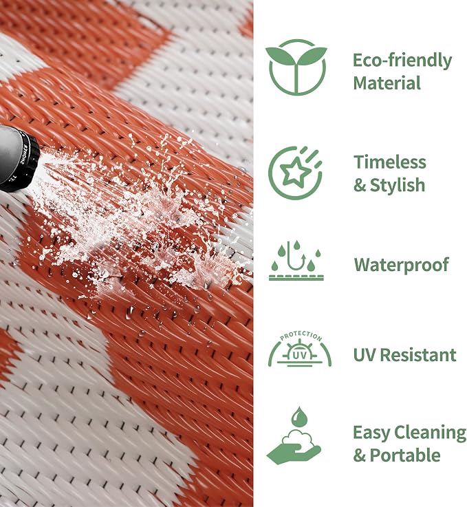 GENIMO Outdoor Rug, Waterproof Plastic Rugs for Patio, 6'x9' Orange White | Outside Larger Modern Carpet Mat for Porch Decor, Deck, Balcony, Camping, RV, Backyard, Picnic, Beach, Reversible, Foldable