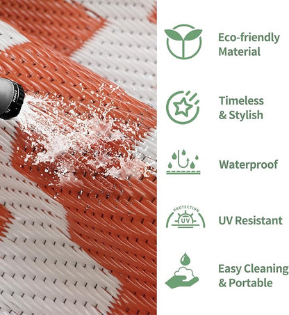GENIMO Outdoor Rug, Waterproof Plastic Rugs for Patio, 6'x9' Orange White | Outside Larger Modern Carpet Mat for Porch Decor, Deck, Balcony, Camping, RV, Backyard, Picnic, Beach, Reversible, Foldable