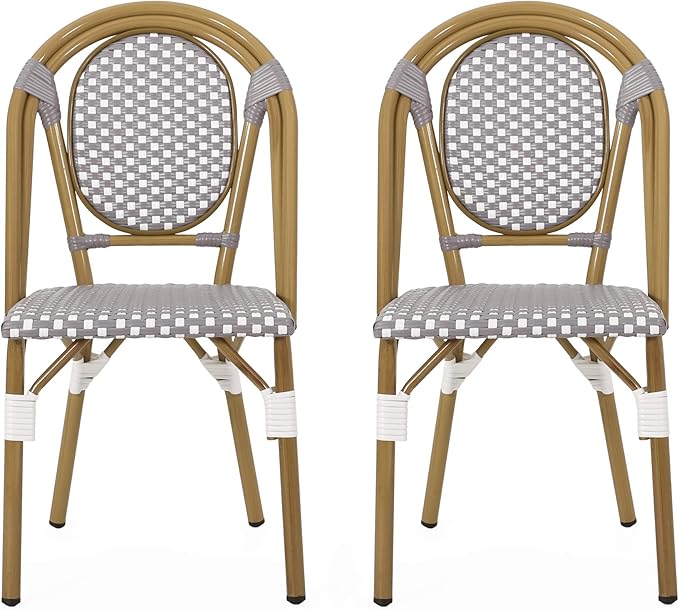 Christopher Knight Home Gwendolyn Outdoor French Bistro Chairs (Set of 2), Gray + White + Bamboo Print Finish