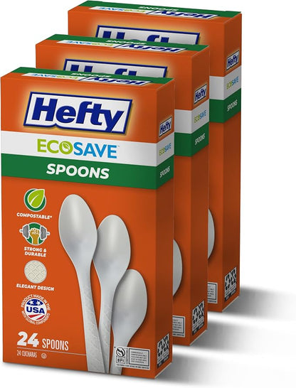 Hefty ECOSAVE Compostable Spoons, 3 Pack, Disposable Spoons for BBQs, Tailgates, Camping, Parties, and More, Strong and Durable Construction, Sustainable Design, 24 per Pack, 72 Total