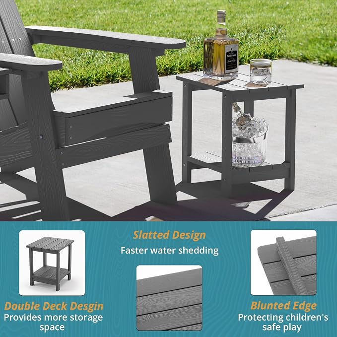 LUE BONA Outdoor Side Table, 2-Tier HDPS Small Patio Table, Dark Grey | 2-Tier Shelf for Extra Storage, Small End Table for Pool, Porch, Balcony, Weather Resistant HDPS, Easy Clean