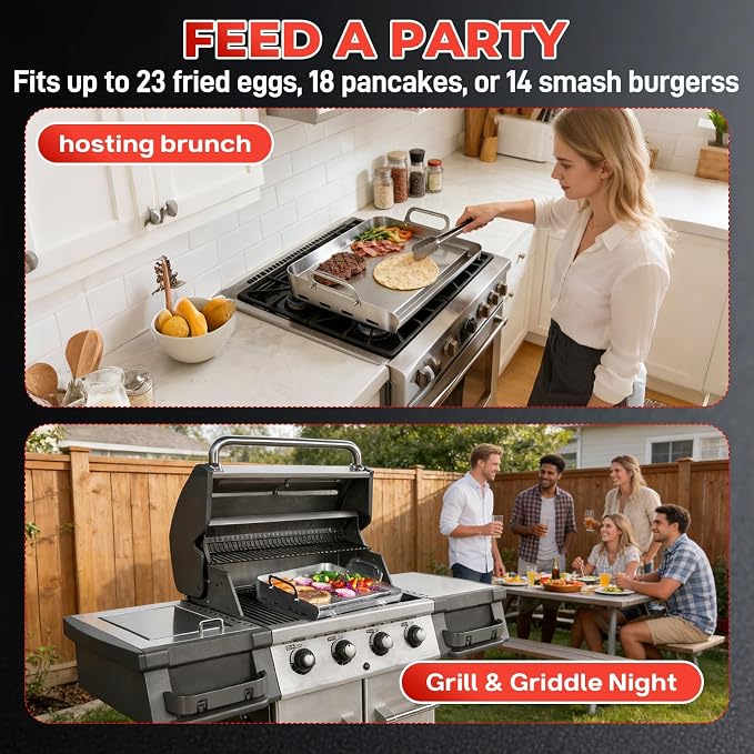 23”x16” Flat Top Griddle for Gas Grill – Airflow-Optimized Size | for Even Cooking, Stainless Steel Stove Top Griddle Universal Fit Plate for Outdoor BBQ, Tailgating, Eggs, Steaks & Burgers
