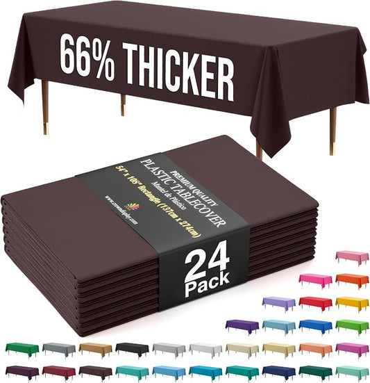 Exquisite 66% Thicker Premium Plastic Table Cloth Rectangle Table Cover 0.5 Mil 24 Pack Brown Table Cloth 54 Inch x 108 Inch Disposable Tablecloth Won't Tear Easily Like Cheap Thin Brands