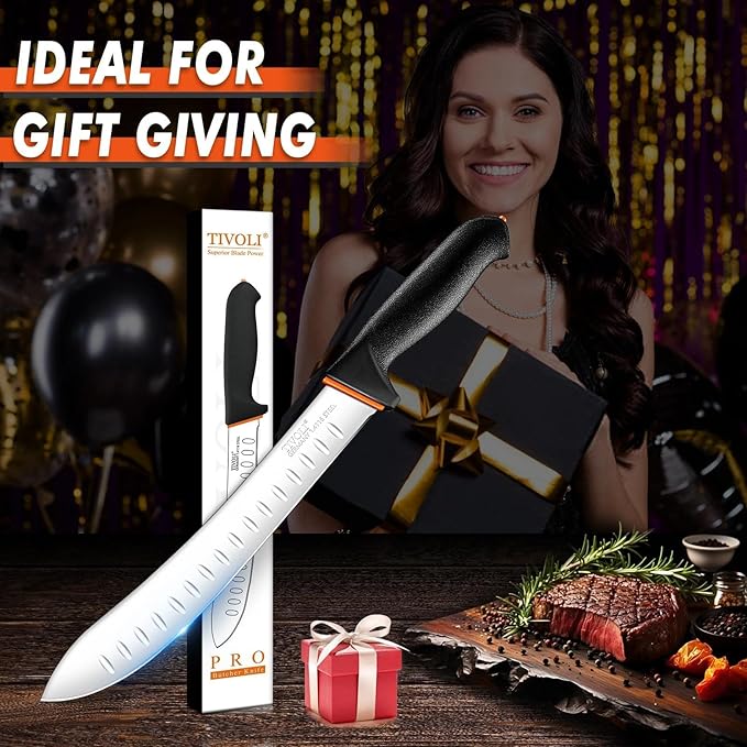 TIVOLI Bullnose Knife 10 Inch - Butcher Carving Knife with Ergonomic Non-Slip Softgrip & German Stainless Steel Razor Sharp Blade for Meat Cutting,Slicing - Gift for Men Women