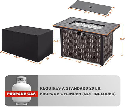 Nuu Garden Outdoor 43 Inch 50,000 BTU Propane Gas Fire Pit Table, Aluminum Tabletop and PE Rattan Weaved Steel Frame, Water-Proof Oxford Cover, Glass Beads, Lid, Dark Brown