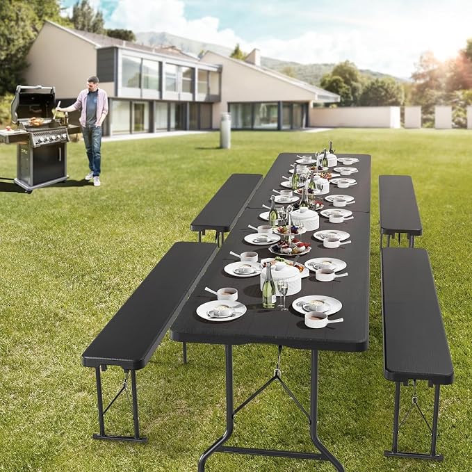 Plastic Folding Bench - Portable Bench Used for Indoor, Outdoor, Picnic, Party, Camping, Dining Seat, Garden Soccer Multipurpose Entertaining Activities (2, Black, 8 Feet)