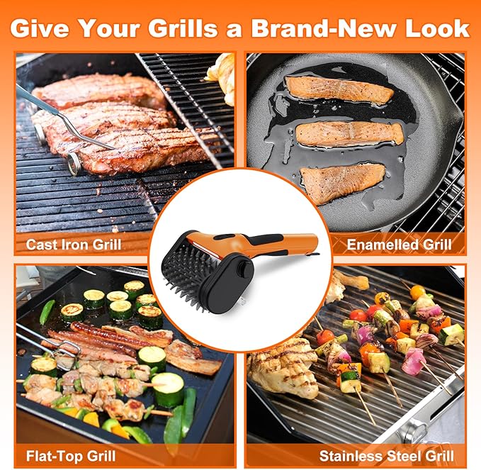 2-in-1 Upgraded Electric Grill Brush and Polisher – 1000 RPM High-Torque Motor, 2600mAh Battery, LED Light – Bristle-Free BBQ Cleaner for Gas, Charcoal & Pellet Grills (Orange)