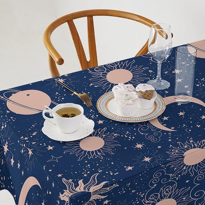 Moon Sun Tablecloth Vintage Star Magical Galaxy Space Boho Celestial Table Cloth Water Resistant Wipeable Table Cover for Farmhouse Picnic Party Holiday Kitchen Dinner Table 55"x55"