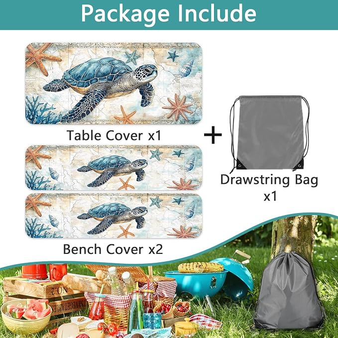 Picnic Table Cover with Bench Covers 6FT, Camping Essentials, Nautical Sea Turtle Ocean Windproof Waterproof Picnic Table Cloth, Fitted Tablecloth with Elastic Edge for Indoor Outdoor 3PCS 30x60 Inch