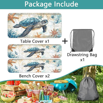 Picnic Table Cover with Bench Covers 6FT, Camping Essentials, Nautical Sea Turtle Ocean Windproof Waterproof Picnic Table Cloth, Fitted Tablecloth with Elastic Edge for Indoor Outdoor 3PCS 30x72 Inch