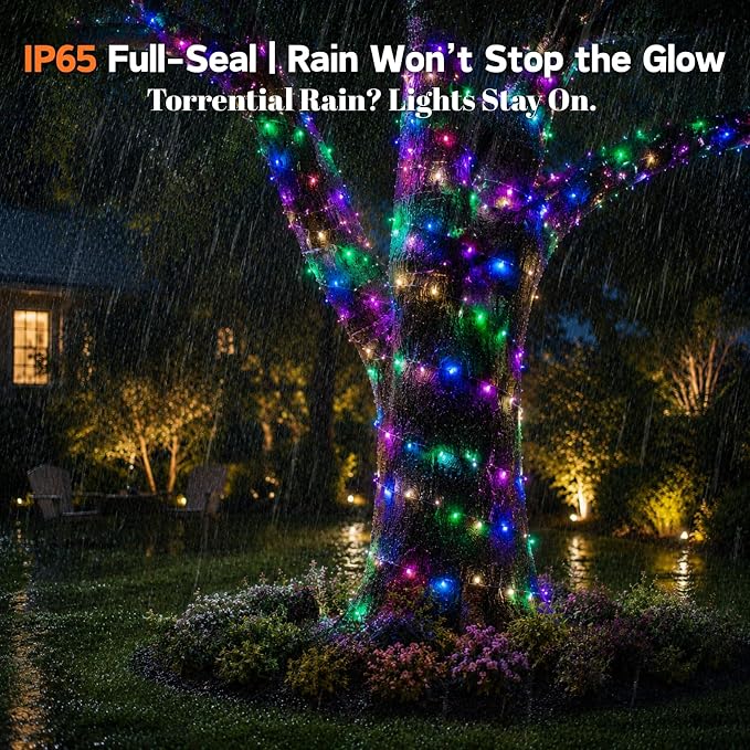 Solar Fairy Lights, 33FT 100 LED RGB APP Control | IP65 waterproof, remote control, multi-mode. String lights for garden, party, tree, backyard decoration.