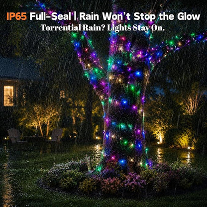 Solar Fairy Lights, 33FT 100 LED RGB APP Control | IP65 waterproof, remote control, multi-mode. String lights for garden, party, tree, backyard decoration.
