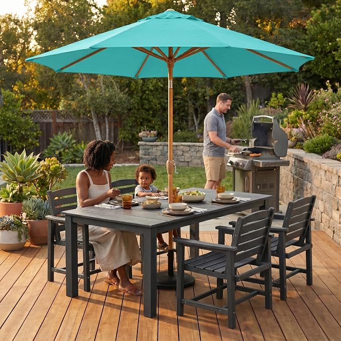 9ft Outdoor Patio Umbrella, Market Table Umbrella with Crank and Easy Push Button Tilt, Wood Grain Frame, UPF 50+ for Pool, Garden, Deck, Backyard