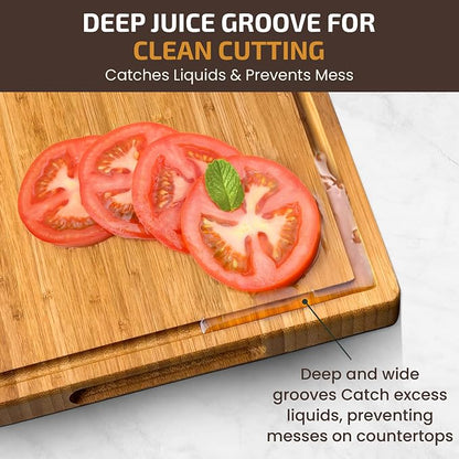 Wood Cutting Board for Kitchen - 1 Inch Thick Bamboo Wooden Chopping Board, Butcher Block Cutting Board with Juice Groove, Handles, Large Meat Cutting Board, Charcuterie Serving Board, 16 x 11