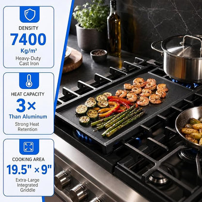 Upgraded WB31X24738 Cast Iron Griddle Replacement for GE Stove Cooktop | Fit for GE Gas Range; Replaces WB31X49806 and WB31X24998 Center Griddle Plate; Nitrided Nonstick Flat Top Pan, 19.5 x 9 in