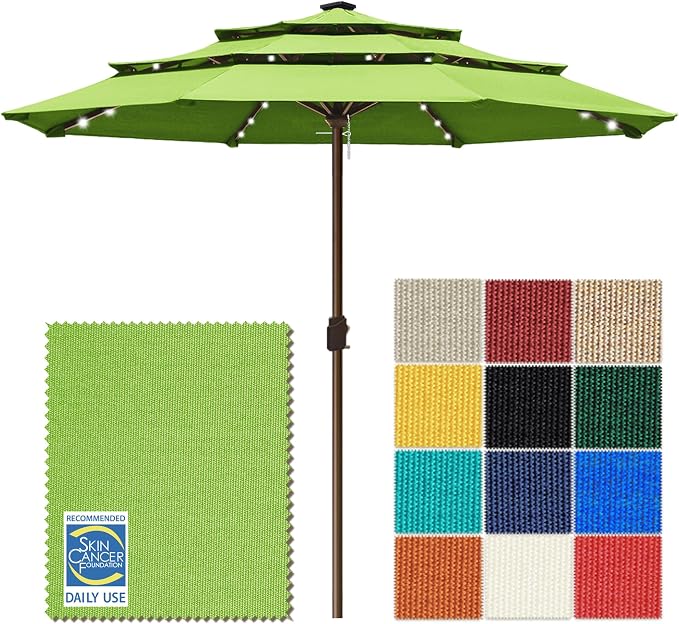 EliteShade USA 10-Year-Non-Fading 10ft 3-Tier Market Patio Umbrella, Commercial Table Umbrella with 80 Solar LED Lights, Crank Open, Windproof & UPF 50+ UV Protection for Garden, Deck, Pool, Backyard, No Tilt, Macaw Green
