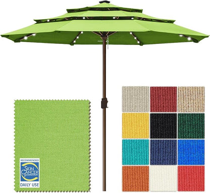 EliteShade USA 10-Year-Non-Fading 10ft 3-Tier Market Patio Umbrella, Commercial Table Umbrella with 80 Solar LED Lights, Crank Open, Windproof & UPF 50+ UV Protection for Garden, Deck, Pool, Backyard, No Tilt, Macaw Green