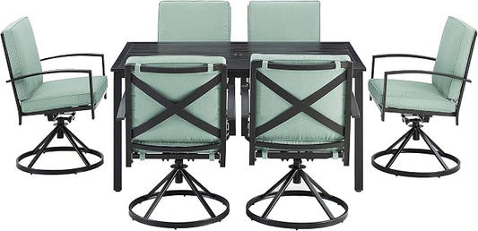 Crosley Furniture Kaplan 7-Piece Outdoor Dining Set for 6, Patio Table and Chairs for Backyard, Deck, Oiled Bronze with Mist Cushions