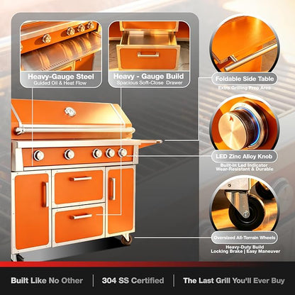 LPG 4 Cast Burners Outdoor Kitchen Grill Island, 99,000 BTU, Orange Painting