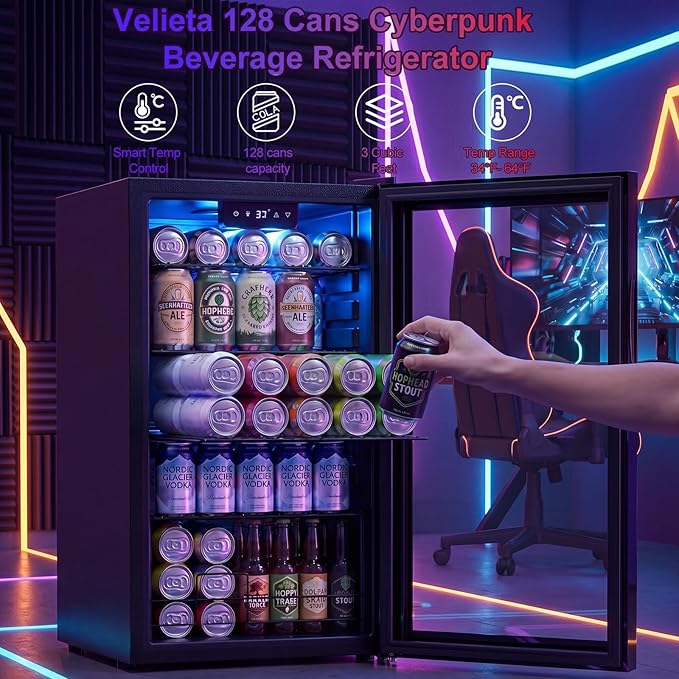 17" Beverage Refrigerator with LED Light Up Door – 128 Can Freestanding Drink Fridge, Small Beer Cooler with 4 Removable Shelves, Child Safety Lockfor Gaming Room Home Bar Party,Cyberpunk