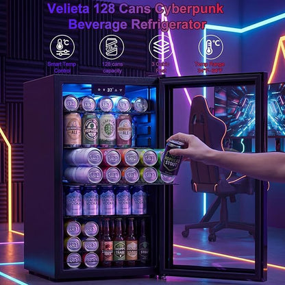 17" Beverage Refrigerator with LED Light Up Door – 128 Can Freestanding Drink Fridge, Small Beer Cooler with 4 Removable Shelves, Child Safety Lockfor Gaming Room Home Bar Party,Cyberpunk