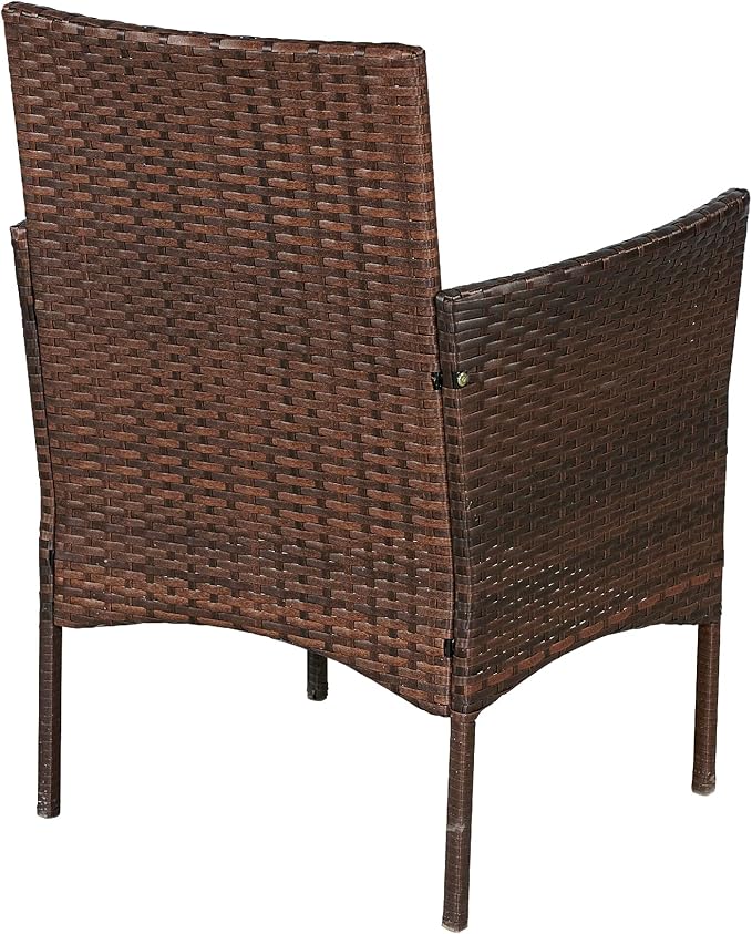 Outdoor Wicker Patio Conversation 3 Piece Bistro Set Garden Yard Porch Furniture Space Saving Rattan Two Chairs Cushions Side Storage Tempered Glass Table Brown 3pc Set