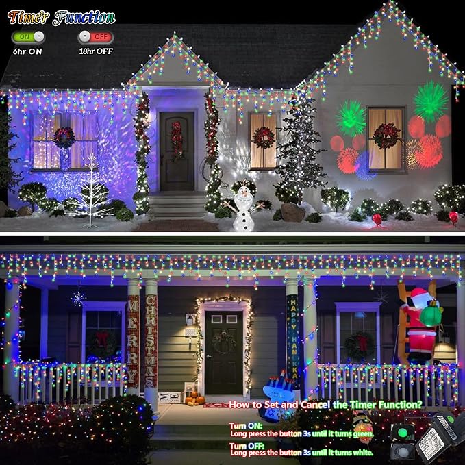 QITONG Multicolor Icicle Lights for Outside, 33ft 400 LED String Lights Indoor, Clear Wire Connectable Icicle Christmas Lights Plug in with 8 Modes