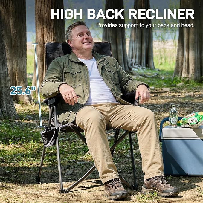 EVER ADVANCED Reclining Camping Chairs for Adult Lightweight, Folding Recliner Chair with Adjustable Back, 4-Level Lounge Chairs, Portable Lawn Chairs for Patio Balcony, Supports 350lbs Black
