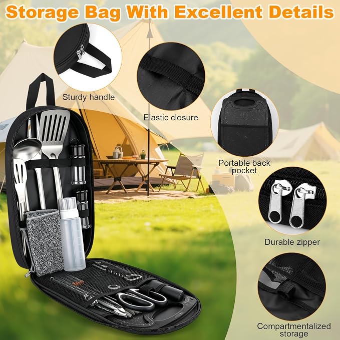 Camping Utensil Set 18 Pcs, Camping Cooking Set with Storage Bag | Lightweight & Durable Kitchen Set for Travel, Picnics, BBQ, Party, Outdoor Hiking