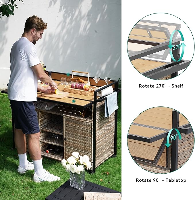 YITAHOME XL Outdoor Kitchen Wicker Island Rolling Cart Bar Table & Storage Cabinet, Wheels and Plastic Wood Extended Table Top, Double Handle for Patio Kitchen or Bar Cart,Light Yellow Gradient