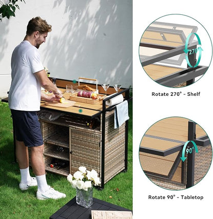YITAHOME XL Outdoor Kitchen Wicker Island Rolling Cart Bar Table & Storage | Wheels and Plastic Wood Extended Table Top, Double Handle for Patio Kitchen or Bar Cart,Light Yellow Gradient