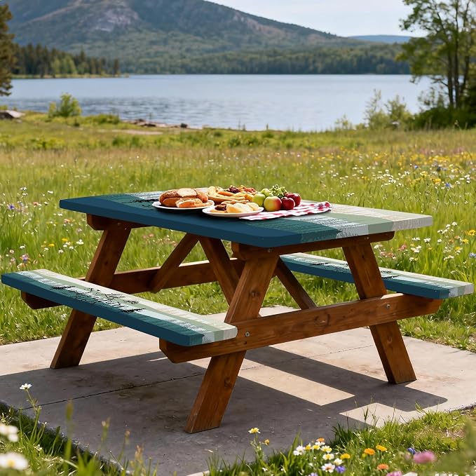 Picnic Table Cover with Bench Covers, Rectangle Tables, Waterproof Elastic Fitted Tablecloths for 6 Foot, Washable Tablecloth for Camping, Outdoor (Green, 30"x72")