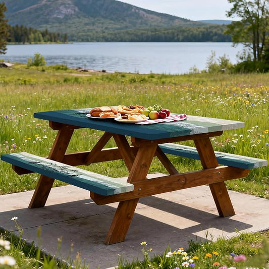 Picnic Table Cover with Bench Covers, Rectangle Tables, Waterproof Elastic Fitted Tablecloths for 6 Foot, Washable Tablecloth for Camping, Outdoor (Green, 30"x60")