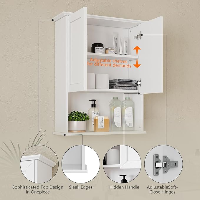 Bathroom Wall Cabinet, Over The Toilet Storage Cabinet, 24x30 Inch Bathroom Medicine Cabinet with 2 Door & Adjustable Shelves, Bathroom Cabinet Wall Mounted, for Laundry Room, Kitchen